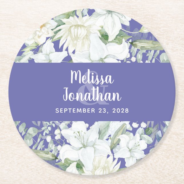 Dessous-de-verre Rond En Papier Aquarelle romantique fleurs blanches mariage (Devant)