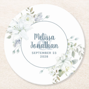 Dessous-de-verre Rond En Papier Aquarelle romantique fleurs blanches mariage