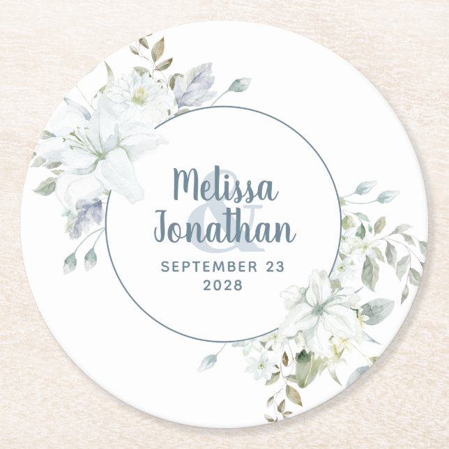Dessous-de-verre Rond En Papier Aquarelle romantique fleurs blanches mariage (Devant)