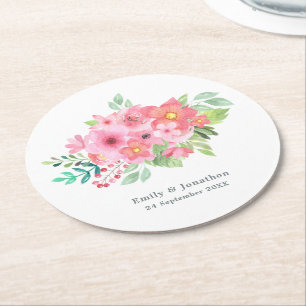 Dessous-de-verre Rond En Papier Aquarelle rose fleurie Noms Date Mariage