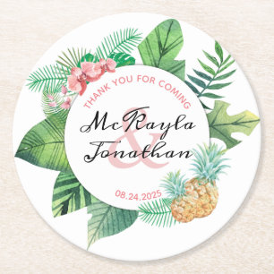 Dessous-de-verre Rond En Papier Aquarelle Tropical Ananas Mariage Faveur