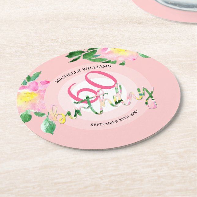 Dessous-de-verre Rond En Papier Aquarelle tropicale estivale rose (Incliné)