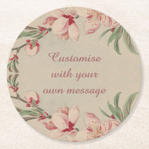 Dessous-de-verre Rond En Papier Aquarelle vintage rose Floral Texte personnalisé