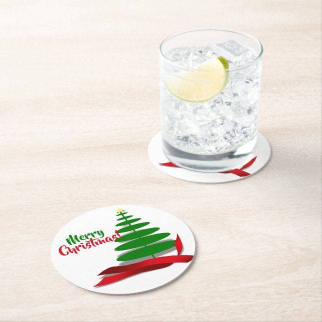 Dessous-de-verre Rond En Papier Arbre avec ruban rouge de Noël (En situation)