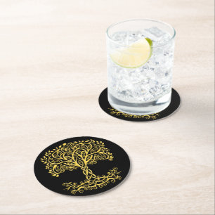Dessous-de-verre Rond En Papier Arbre Celtique Jaune