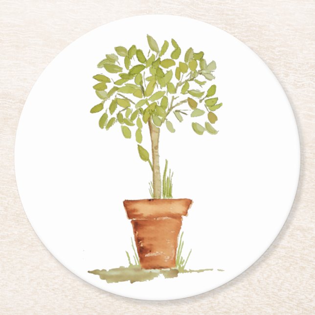 Dessous-de-verre Rond En Papier Arbre d'art topiaire d'aquarelle (Devant)