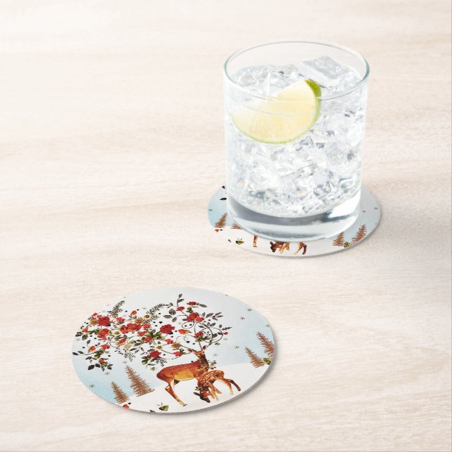 Dessous-de-verre Rond En Papier Arbre de Noël Inséparable hiver Aquarelle (En situation)