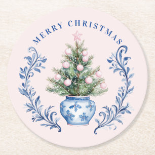 Dessous-de-verre Rond En Papier Arbre de Noël rose et bleu Damas