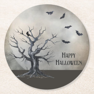 Dessous-de-verre Rond En Papier Arbre d'Halloween éffrayant avec corbeau et chauve