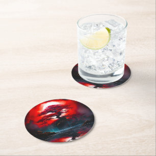 Dessous-de-verre Rond En Papier Arbre rouge mystique sous la pleine lune