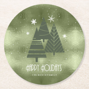 Dessous-de-verre Rond En Papier Arbres de Noël et flocons de neige Green ID863