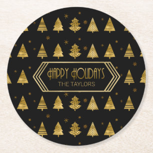 Dessous-de-verre Rond En Papier Arbres de Noël et Motif de flocon de neige Gold ID