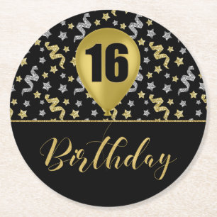 Dessous-de-verre Rond En Papier Argent noir et or 16 Confetti d'anniversaire