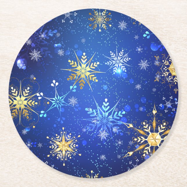 Dessous-de-verre Rond En Papier Arrière - plan Bleu XMAS avec des flocons de neige (Devant)