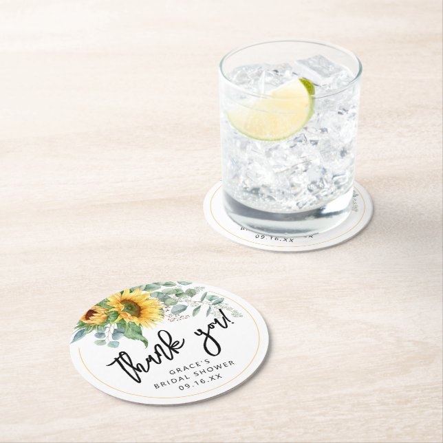 Dessous-de-verre Rond En Papier Arroseur de mariage remerciement tournesol eucalyp (En situation)