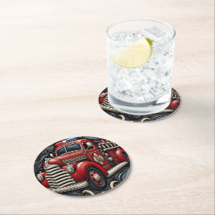 Dessous-de-verre Rond En Papier Art camion feu en cuir