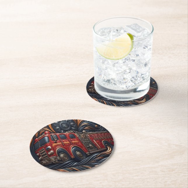 Dessous-de-verre Rond En Papier Art en cuir pour camion-feu dynamique (En situation)