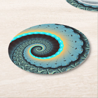 Dessous-de-verre Rond En Papier Art fractal spirale abstrait bleu turquoise orange