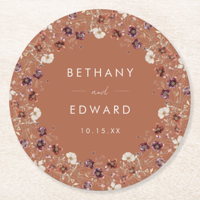 Dessous-de-verre Rond En Papier Automne Floral Terracotta Mariage (Devant)