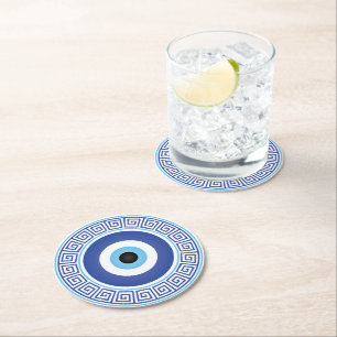Dessous-de-verre Rond En Papier Aztèque Cercle grec Clé Mal Oeil Bleu Bleu