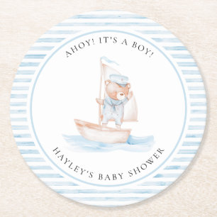 Dessous-de-verre Rond En Papier Baby shower Bear Bleu Stripe