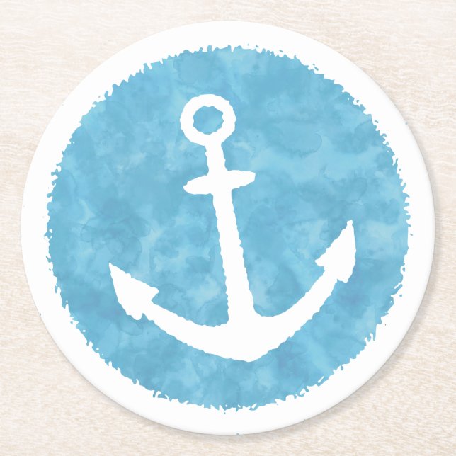 Dessous-de-verre Rond En Papier Baby shower bleu Ancre nautique (Devant)