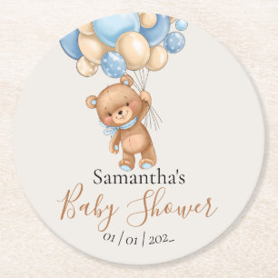 Dessous-de-verre Rond En Papier Baby shower Bleu Ours Teddy