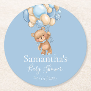 Dessous-de-verre Rond En Papier Baby shower Bleu Ours Teddy