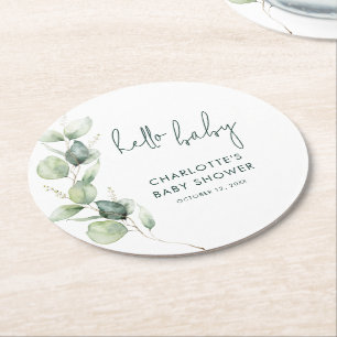 Dessous-de-verre Rond En Papier Baby shower Botanique Eucalyptus