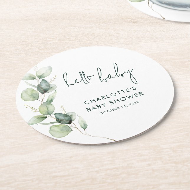 Dessous-de-verre Rond En Papier Baby shower Botanique Eucalyptus (Incliné)