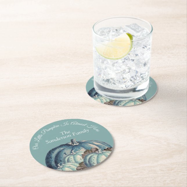 Dessous-de-verre Rond En Papier Baby shower Citrouille bleu (En situation)