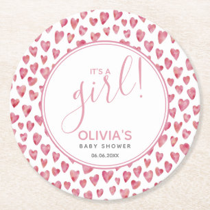 Dessous-de-verre Rond En Papier Baby shower Coeur rose C'est une fille