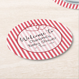Dessous-de-verre Rond En Papier Baby Shower Cœurs Doubles Rayures de Craie Rouge M