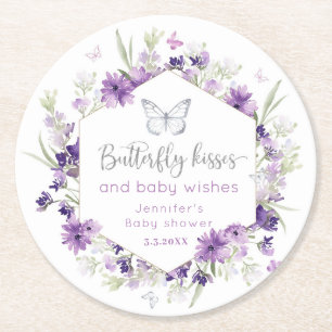 Dessous-de-verre Rond En Papier Baby shower de baisers de papillon en argent viole