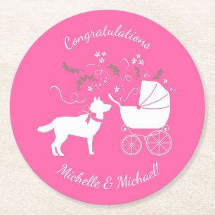 Dessous-de-verre Rond En Papier Baby shower de Chien de Sibérie à chiots roses