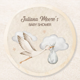 Dessous-de-verre Rond En Papier Baby shower de cigogne d'aquarelle