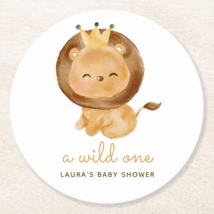Dessous-de-verre Rond En Papier Baby shower de Feuilles tropicaux Lion aquarelle