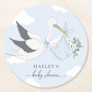 Dessous-de-verre Rond En Papier Baby shower de la cigogne bleue