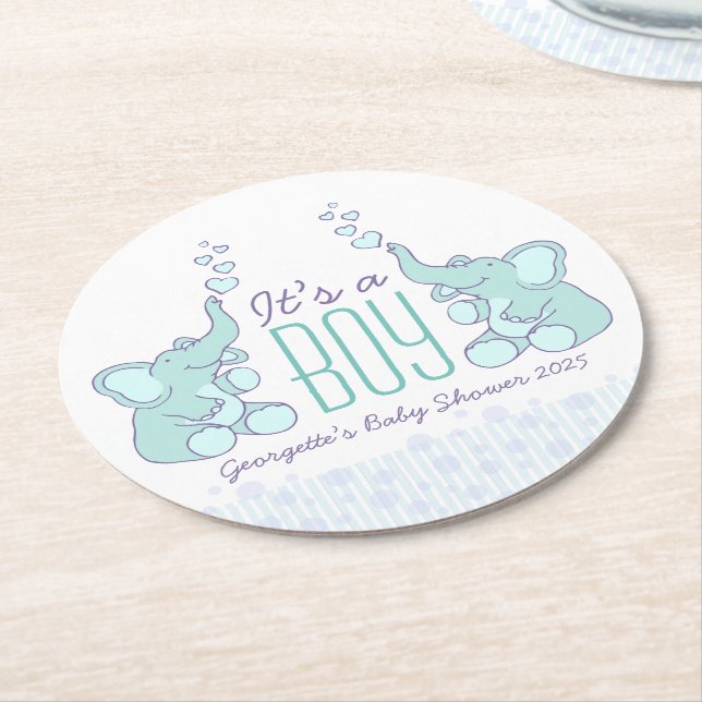 Dessous-de-verre Rond En Papier Baby shower deux éléphants c'est un garçon dessous (Incliné)