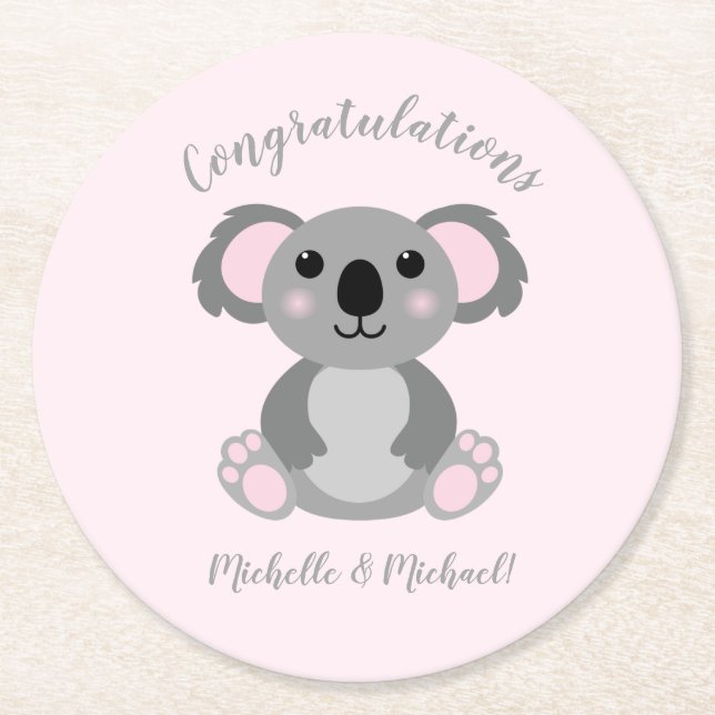 Dessous-de-verre Rond En Papier Baby shower d'ours rose Koala (Devant)