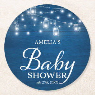 Dessous-de-verre Rond En Papier Baby shower en bois rustique bleu de pots et de