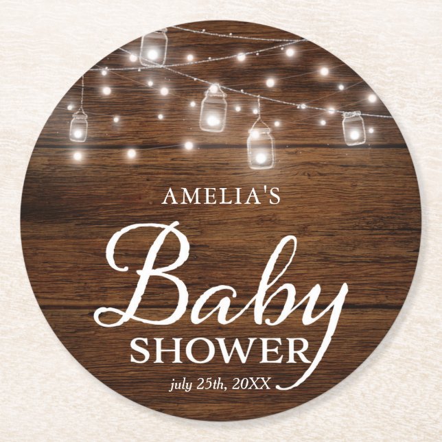 Dessous-de-verre Rond En Papier Baby shower en bois rustique de pots et de (Devant)