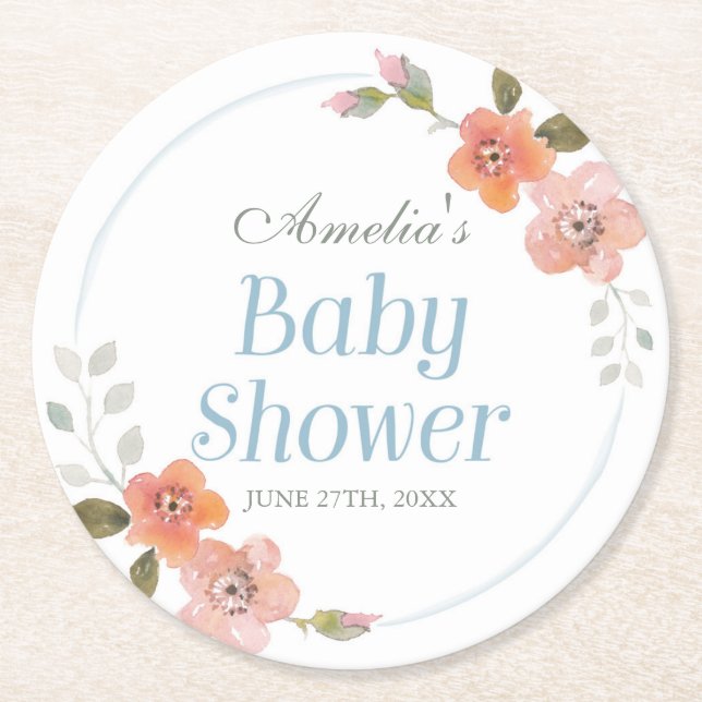 Dessous-de-verre Rond En Papier Baby shower Floral Blue Boy (Devant)