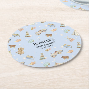 Dessous-de-verre Rond En Papier Baby shower garçon, jouets Vintages, bleu