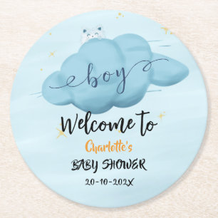 Dessous-de-verre Rond En Papier Baby Shower Garçon Nuage Aquarelle Mignon