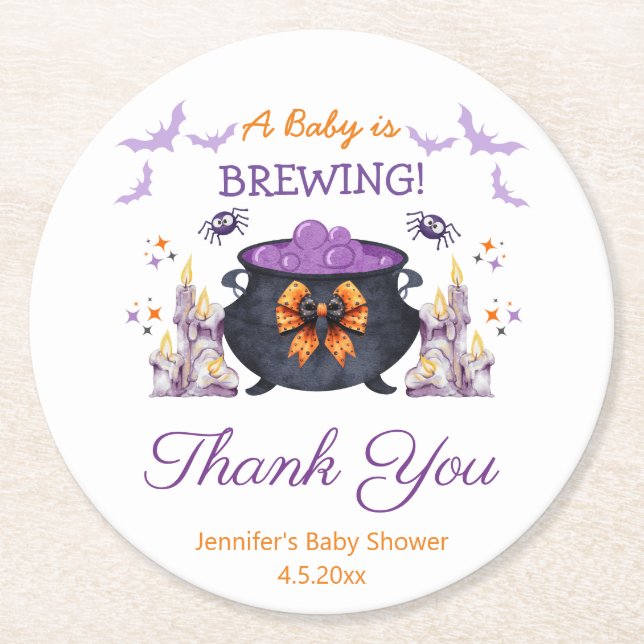 Dessous-de-verre Rond En Papier baby shower halloween élégant brassage merci (Devant)