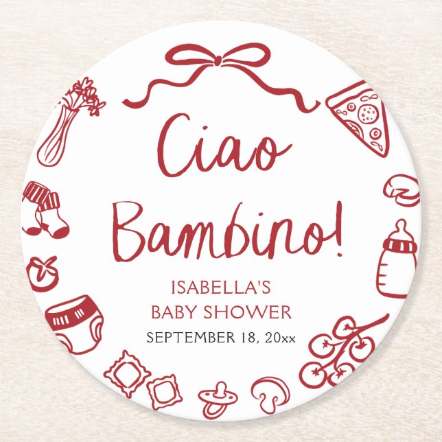 Dessous-de-verre Rond En Papier Baby shower Italien Pizza Ciao Bambino (Devant)