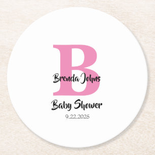 Dessous-de-verre Rond En Papier Baby shower Monogrammes Rose blanc mignon simple