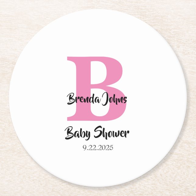Dessous-de-verre Rond En Papier Baby shower Monogrammes Rose blanc mignon simple (Devant)