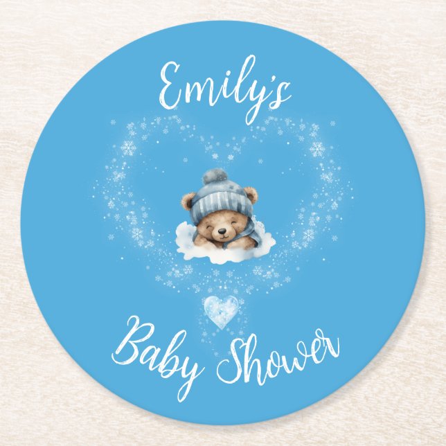 Dessous-de-verre Rond En Papier Baby shower Ours Bleu Teddy Excité (Devant)